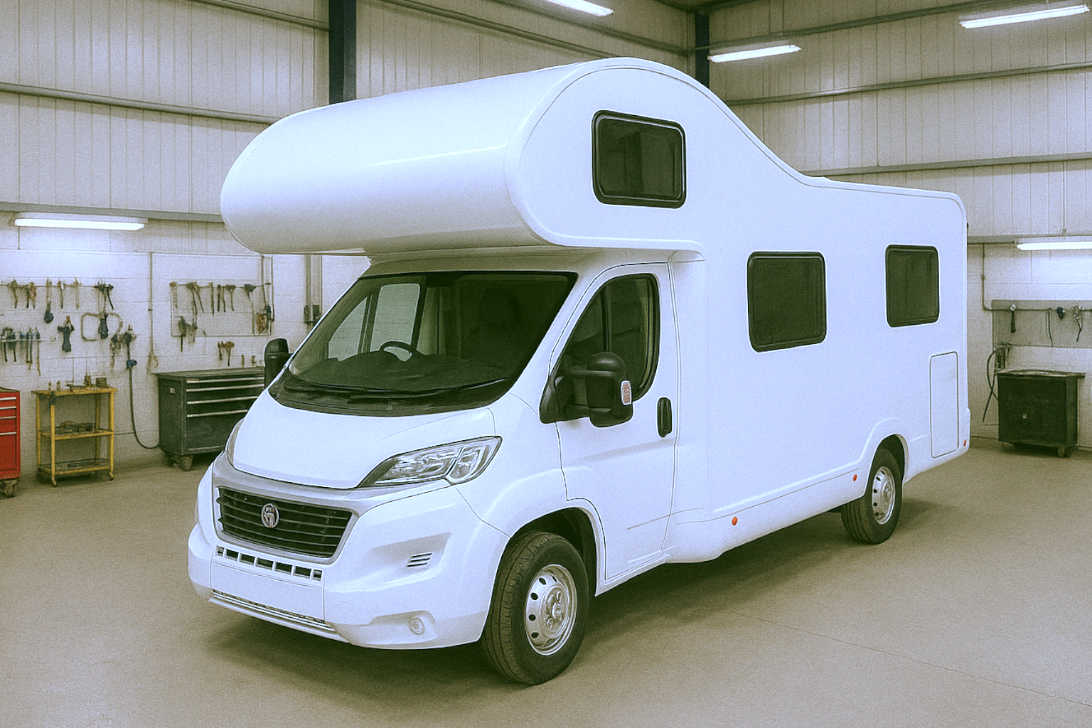 Camper van being serviced at a bodyshop facility